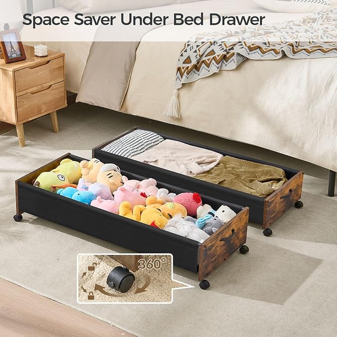 Under Bed Storage with Wheels, Wooden Under Bed Drawers On Wheels, Rolling Under Bed Shoe Storage, Space Saving,Rustic Brown,80L