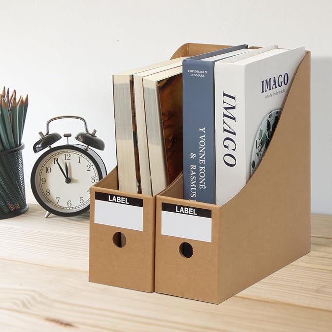 12 Pcs Cardboard Magazine File Holder Boxes with Labels, Magazine Holder Desk Organizer for Documents Storage, Foldable Folder Holder File Organizer Box Vertical File Folder Box for Desk