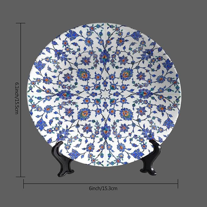 Turkish Decorative Plate Holder, 8 Inch, RoyalBlue Round Display Plate, Home Wobble-Plate with Display Stand, for Wall Hanging Living Room Bathroom Decor Gift
