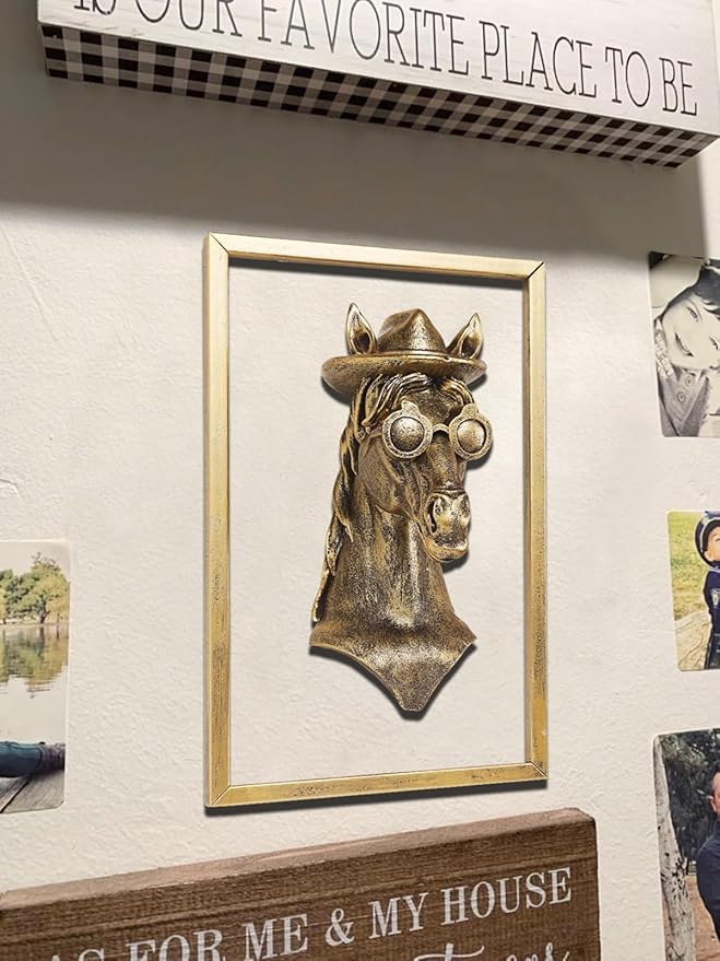 Newinhome Animal Heads Wall Decor (Includes Metal Frame) Resin Animals Sculptures Head Wall Hanging Decoration Gold vintage Wall Sculpture for Living Room Bedroom Office(Horse)