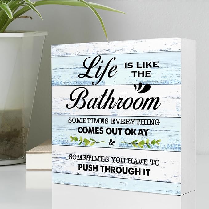 BlueL Life is Like The Bathroom Wooden Box Sign Desk Decor,Funny Bathroom Wood Block Sign for Farmhouse Toilet Shelf Decor