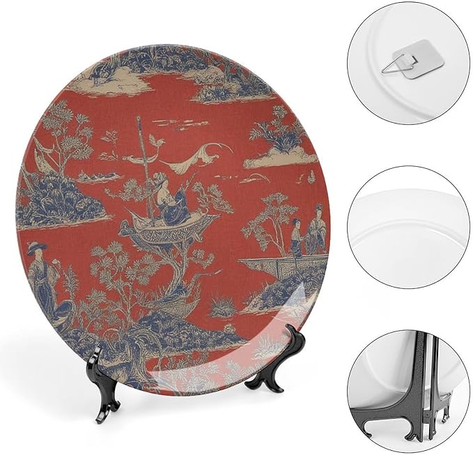 Cheng Toile Dynasty Red Chinoiserie Decorative Plate, Personalized Chinese Plates for Household Art Decoration Festival Decor, 1 Plate with 1 Display Stand Art Decorations for Office Table