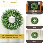 24" Faux Large Preserved Eucalyptus Wreath with Baby's Breath - Waterproof Spring & Summer Greenery Floral Wreath for Front Door, Porch, Wall, Window - Indoor & Outdoor All Seasons Home Décor