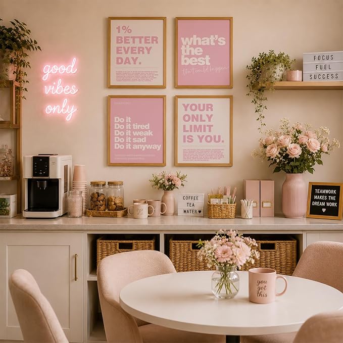 DSHFG Motivational Inspirational Office Wall Art Decor Prints Set of 4, Pink Motivational Wall Decor Trendy Retro Posters for Office Home Decor, 8x10 Unframed