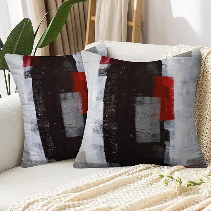 Red and Grey Abstract Art Artwork Pillow Cover, Gallery Modern Decorative Throw Pillows Cushion Cover for Bedroom Sofa Living Room 20 x 20 Inch Set of 2