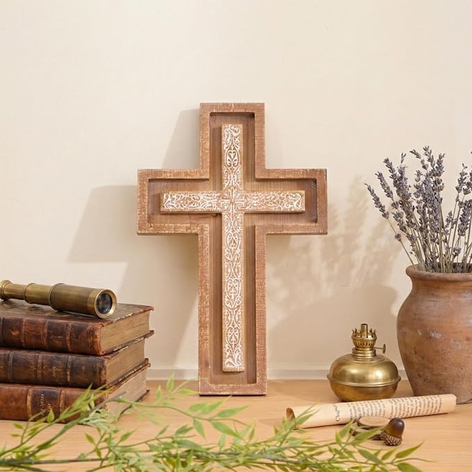 TRENDIN Wall Cross for Home Decor, Rustic Wooden Cross Wall Decor, Decorative Farmhouse Christian Religious Crucifix Art for Living Room Housewarming Gift