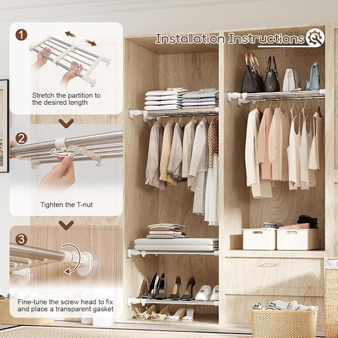 Hershii Expandable Shelf Rod Closet System 5-Bar Telescopic Heavy Duty Clothes Hanger Adjustable DIY Storage Organizer Shoe Rack