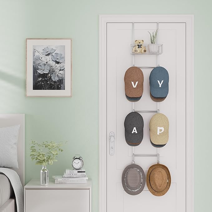 HapiRm Over Door Hat Rack - Wall Mounted Hat Organizer with 6 Hooks and Metal Basket Design, Baseball Cap Organizer Storage Holder Up to 32 Caps for Door, Bedroom, Closet (Sliver)