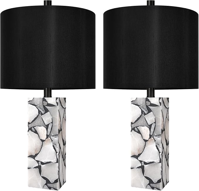 Scenekoy 23" Alabaster Table Lamps Set of 2 with Night Light for Living Room, Rotary Switch, Black Modern Table Lamp with Black Linen Shade, Nightstand Lamp for Bedroom Bedside Office (Bulb Included)