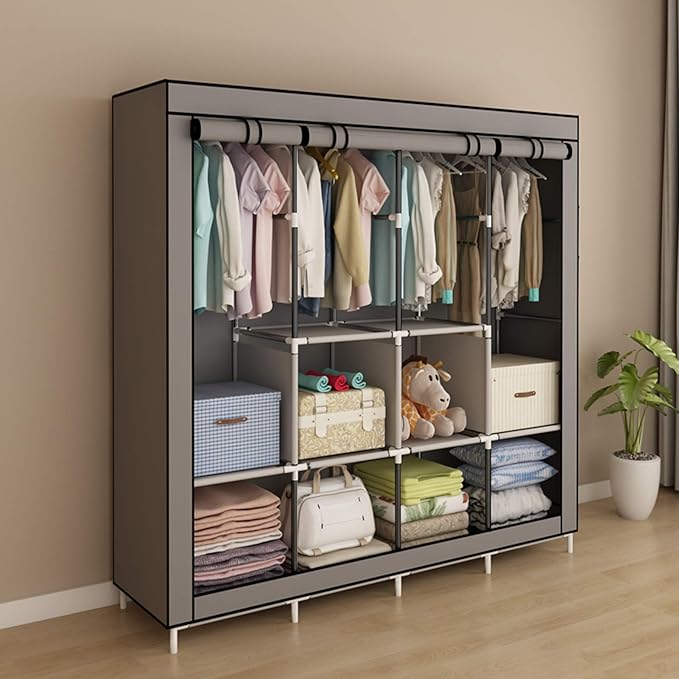 Portable Wardrobe Clothing Wardrobe Shelves Clothes Storage Organiser with 4 Hanging Rail,Grey