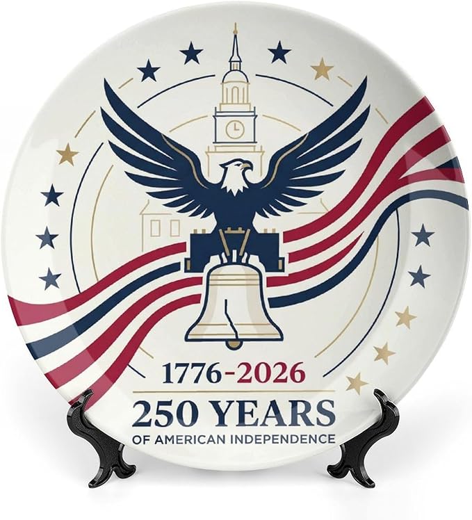 250th Anniversary Decorative Plates 8 Inch Patriotic Decorations Eagle Liberty Bell Commemorative Plates with Stand Memorial Day 4th of July Veterans Day Home & Office