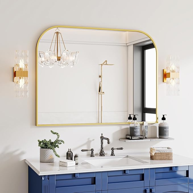 Gold Wall Mounted Bathroom Mirror - 38 x 30 Inch Round Cruved Top Right Angle Bottom Wide Wall Mirror, Aluminum Metal Framed, Decor for Living Room, Bedroom, Fireplace, Mantle, Entryway