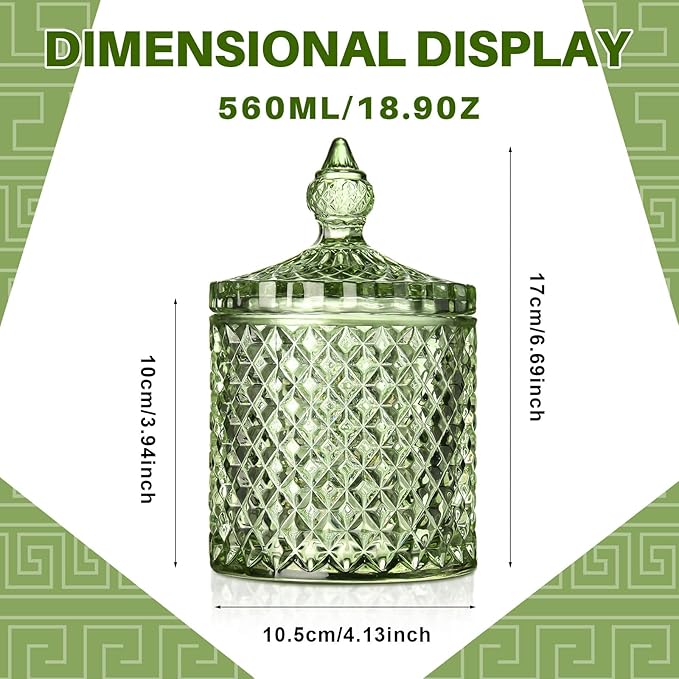 Aoriher 4 Pcs Crystal Glass Candy Jar Set with Lids Home Decorative Storage Jars for Apothecary, Bathroom, Kitchen, and Pantry, Ideal for Cotton Swabs and Jewelry (Large,Green)