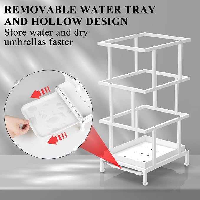 Umbrella Holder for Entryway, Metal Umbrella Stand with Water Tray and Cane Holder, Adjustable Feet, 10.4 x 8.4 x 18.7 in, Suitable for Home, Office, and Shopping Mall (White)