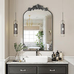 VooBang 26x38 inch Vintage Arched Bathroom Mirror - Gorgeous Wall Vanity Mirror with Beautiful Retro Top and Bottom Engraving Process Frame for Entryway Hallway Living Room, Black