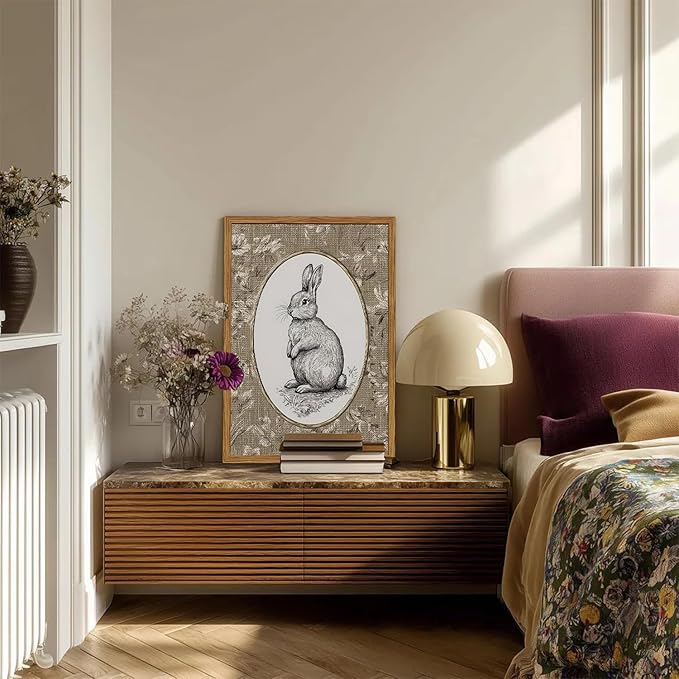 Framed Vintage Rabbit Wall Art, Cute Easter Bunny Pictures Wall Decor, Rustic Farmhouse Animal Paintings Canvas Prints Cottagecore Home Decor for Nursery Living Room Bedroom 16x24 inch
