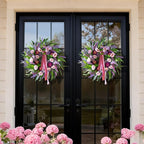 Spring Wreaths for Front Door 24 Inch Luxury Lavender Summer Wreath with Pink Ribbon,Artificial Peony & Rose Spring Door Wreath for Farmhouse Home Wall Porch Window Seasonal Display