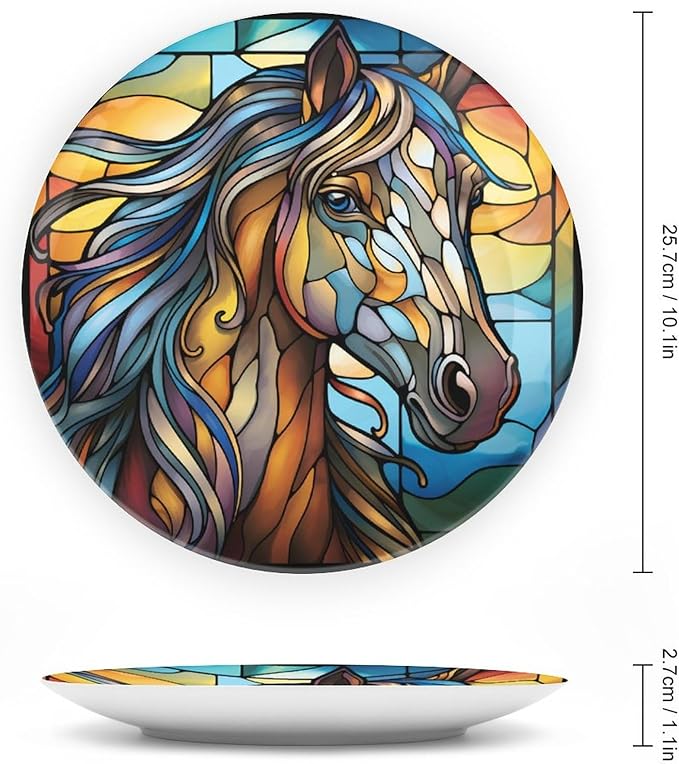 Decorative Plates for Wall Hanging, Horse Abstract Stained Glass Painting Ceramic Plate w/Display Stand, Home Decor for Kitchen Cabinets, Farmhouse Round Tray 10 Inch, Gift for Horse Lover