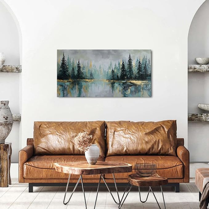 Green Forest Wall Art Vintage Fog Pine Trees Landscape Wall Decor Nature Green and Gold Forest Lake Scenery Canvas Prints Pictures Farmhouse Artwork for Kitchen Living Room Home Decorations 20x40"