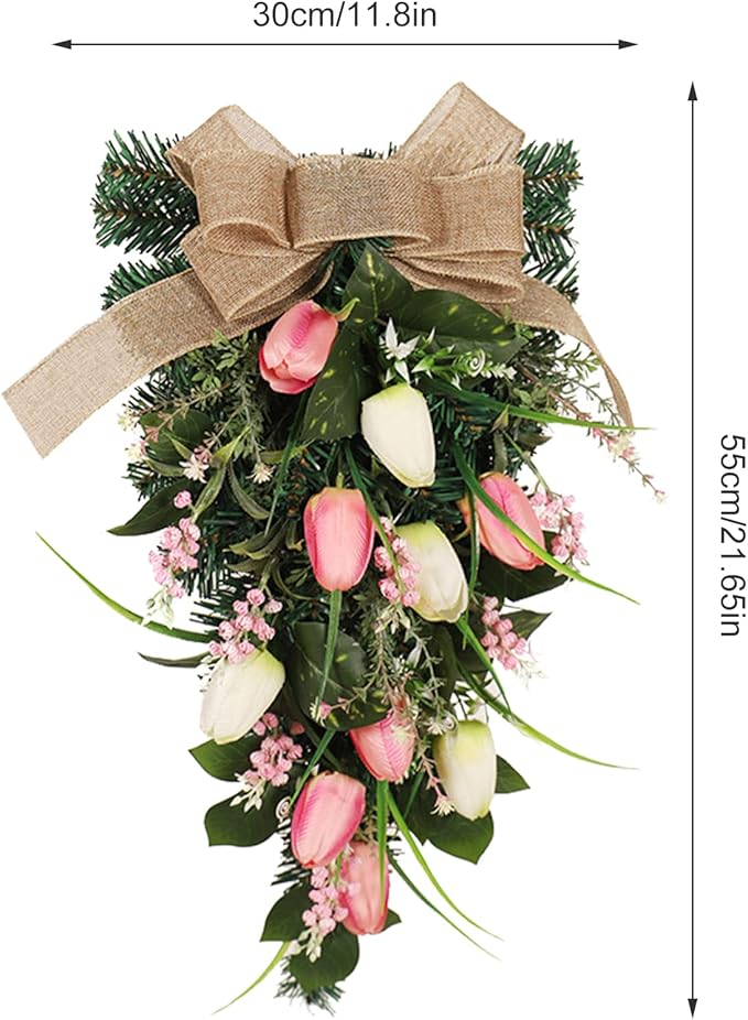 belupai 22in Pink Tulips Teardrop Swag, Decorative Floral Swag with Lily of The Valley Flower and Greenery Leaves, Spring Summer Tulips Swag for Indoor Outdoor Window Decor(Multicolor)