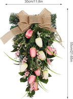 belupai 22in Pink Tulips Teardrop Swag, Decorative Floral Swag with Lily of The Valley Flower and Greenery Leaves, Spring Summer Tulips Swag for Indoor Outdoor Window Decor(Multicolor)