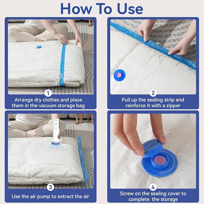 12 Pack Vacuum Seal Bags with Rechargeable Air Pump for Clothing, Vacuum Storage Bags for Clothing, Vacuum Seal Bags for Clothing Travel, Space Saver Vacuum Storage Bags, White