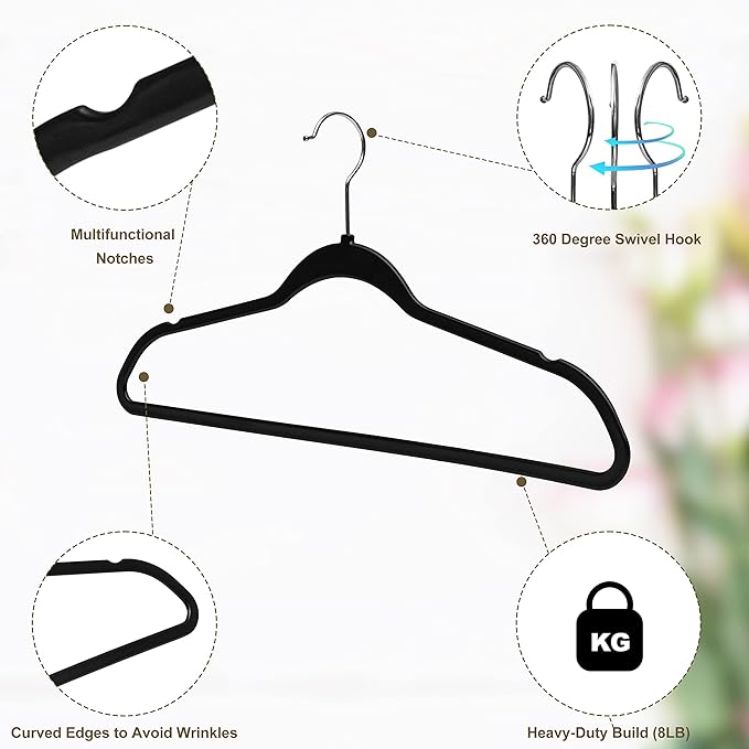 Quality Hangers 50 Pack Plastic Hangers for Clothes - Slim Non-Velvet Hangers with 360° Swivel Chrome Hook & Non Slip Notches - Ideal for Dresses Coats Shirts Jackets & More - Black