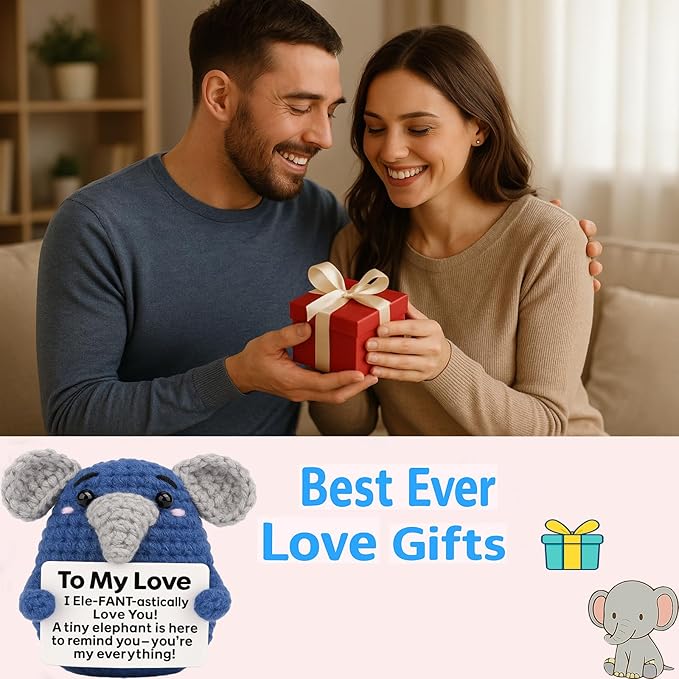 Gifts for Him Her, Handmade Crochet Elephant Doll, Cute Emotional Support Animal Gift for Boyfriend Girlfriend, Anniversary Birthday Valentines Day Gift for Wife Husband Couples