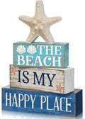 Moucuny 4 Pcs Summer Table Decoration Beach Tiered Tray Decor Starfish Coastal Rustic Wooden Block Sign Gifts Blue and White Ocean Centerpieces Farmhouse Beach Nautical Decor for Home Shelf Mantel