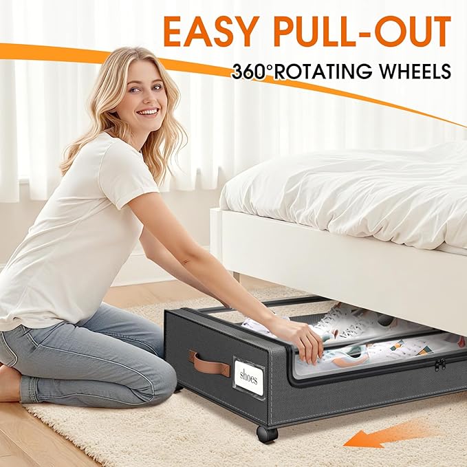 Under Bed Storage with Wheels 1Pack Storage Containers with Clear Window&Label Under Bed Drawers Rolling Under Bed Storage for Clothes,Shoes, Blankets (30.71 x 16.93 x 6.69 in, Dark Grey)