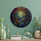 Stained Glass Theme Decorative Ceramic Plate Round Porcelain Plate,8 inch,Sunrise Forest Stream Pattern,for Decorative Ornaments Giving Plates, 1 Plate with 1 Display Stand,Multicolor