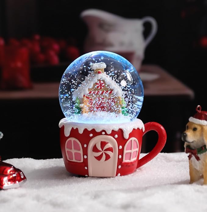 Christmas Snow Globe Musical Gingerbread Men House Christmas Tree Water Snow Globes with 7 Colors Light Change Music Box Home Christmas Decor for Kids