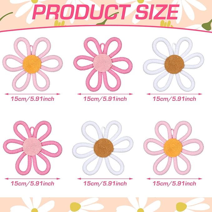 Zeyune 6 Pcs Boho Nursery Daisy Flower Wall Art Decor Woven Macrame Wall Pediments Boho Daisy Floral Nursery Art Decor for Home Bedroom Decorations(Cute,Yarn and Cotton Rope)