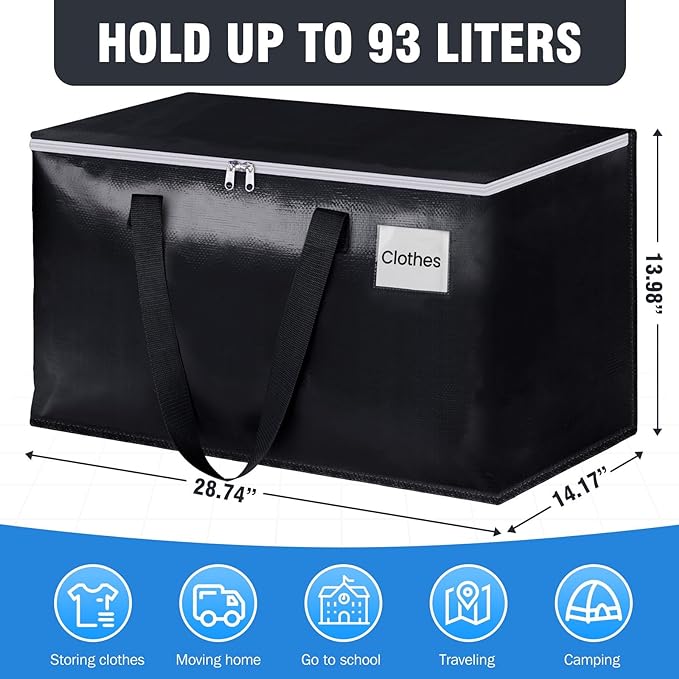 BlissTotes Moving Bags, Heavy Duty Moving Boxes with Zippers Top and Sturdy Handles, Storage Bags for Space Saving and Packing, Collapsible Moving Supplies, Storage Totes (93L, 2-Pack, Black)