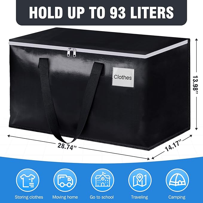BlissTotes Moving Bags, Heavy Duty Moving Boxes with Zippers Top and Sturdy Handles, Storage Bags for Space Saving and Packing, Collapsible Moving Supplies, Storage Totes (93L, 8-Pack, Black)