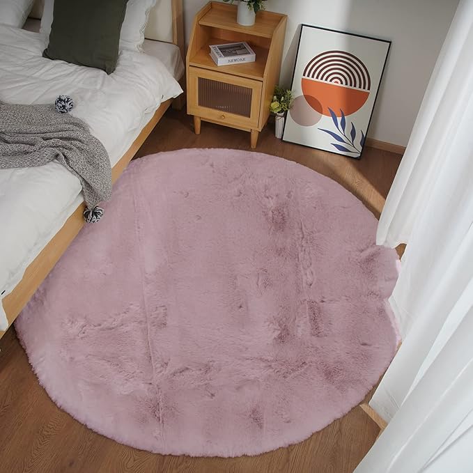 Ghouse Faux Rabbit Fur Round Rug 8ft Pink Round Rugs for Bedroom Decor Fluffy Area Rugs for Living Room, no-Shedding Carpet Sheepskin Washable Rug Rome Decor