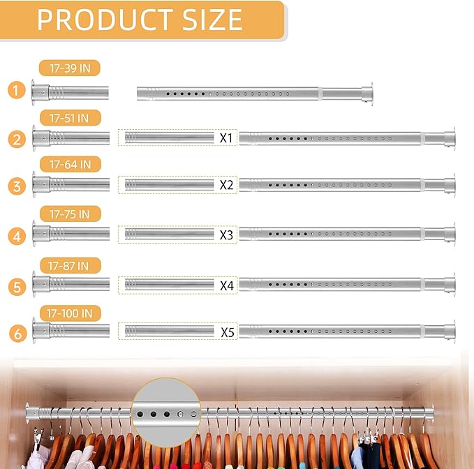 1.3 Inch Diameter Closet Rods for Hanging Clothes 17-51 Inch Adjustable, Metal Heavy Duty Closet Pole, Silver Closet Bar for Hanging Clothes, Suitable for Closet, Wardrobes, Bathroom, Windows