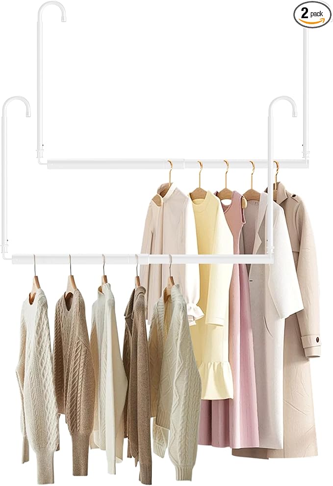 Hanging Closet Rod Adjustable Width Height Closet Rod For Hanging Clothes White 2 Pack Closet Extender Hanging Rod Clothes Space-Saving Hanging Bar Organizer