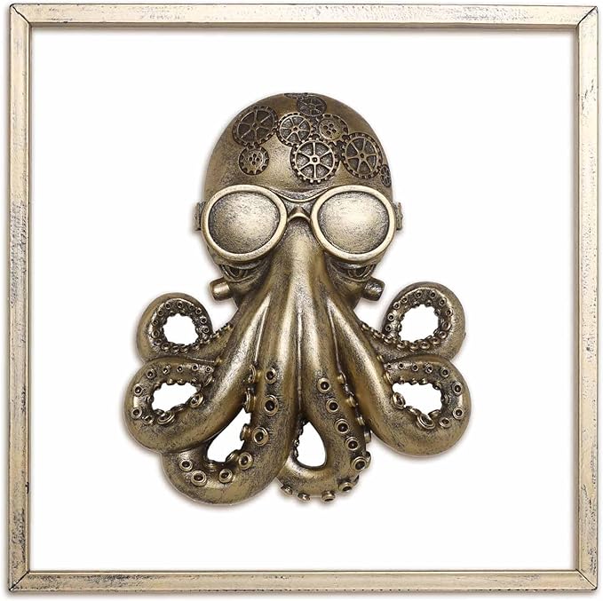 JJALIGHTS Exquisite Resin Animal Head Wall Sculpture (Gift Metal Frame) - octo Imitation Copper Vintage Decor for Living Room, Bedroom & Office | Decorative Wall Hanging Art (Octopus)