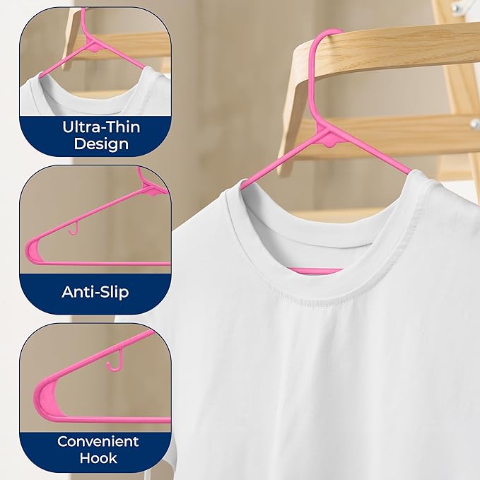 SereneLife 30-Piece Plastic Hangers for Clothes – Non-Slip Heavy Duty Slim Coat Shirt Dress Closet Hanger Set with 5.5 lbs Capacity Space Saving Design and Smooth Finish with 360° Swivel Hook Pink