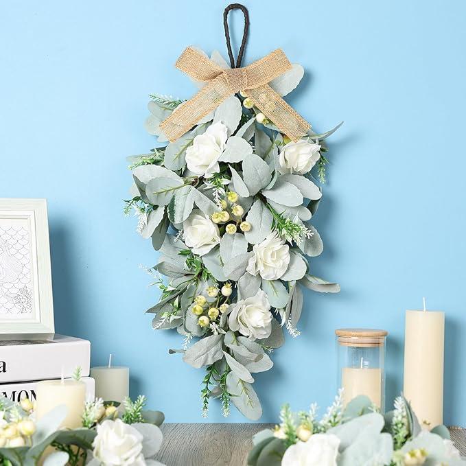 2 Pcs 24" Artificial White Rose Teardrop Wreaths Swag Spring Summer Flower Berries Swags Wreath White Floral Hanging Wreaths for Kitchen Cabinet Doors Window Wall Wedding Party Home Decor