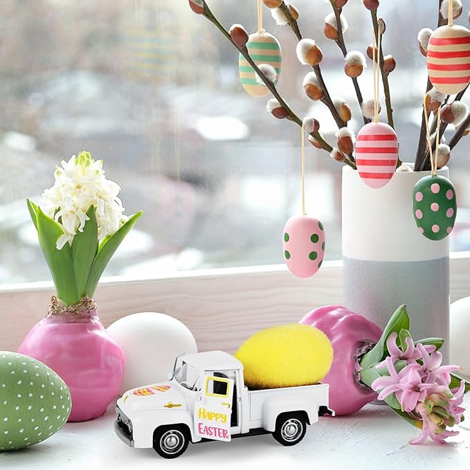 Easter Metal Truck with Yellow Eggs Easter Party Decors Easters Gifts Basket Stuffers Farmhouse Vintage White Metal Truck Decor Vintage Collectible Car for Desk Bookshelf