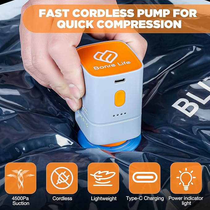 Vacuum Storage Bags with Cordless Pump, 16-Pack Space Saver Vacuum Seal Bags for Blankets, Clothes & Bedding, Reusable Compression Bags in 4 Large Sizes (M–Jumbo), Long-Side Opening