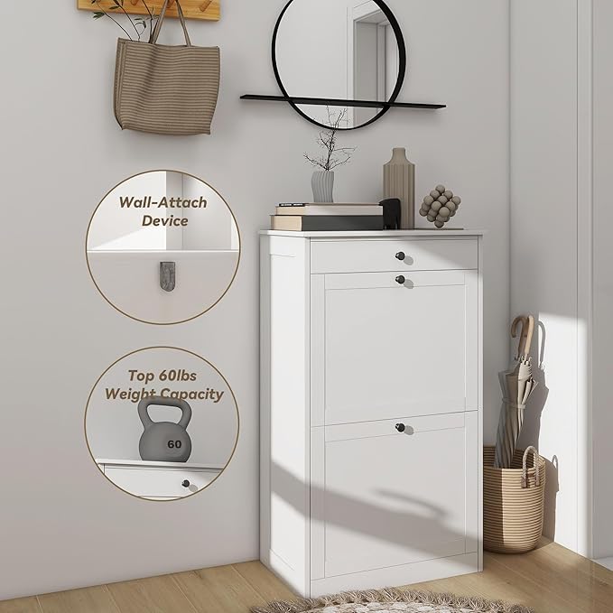 Shoe Cabinet with 2 Flip Drawers, Slim Freestanding Hidden Shoe Organizer with Drawer, Pet-Proof Shoe Storage Cabinet for Entryway Living Room Behind The Door, White