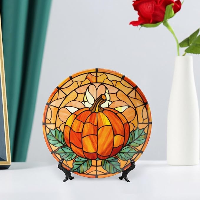 Decorative Plates, Stained Glass Pumpkin & Leaves Ceramic Dinner Plate Home Wobble-Plate with Display Stand, Autumn Wall Hanging Decor for Living Dining Room Kitchen Household 7 Inch