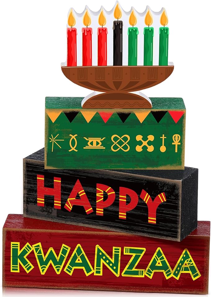 Yuntau 4 Pcs Happy Kwanzaa Table Decorations Kwanzaa Tiered Tray Decor Rustic African Candlestick Wood Block Tabletop Sign Gift Centerpiece Farmhouse Table Decor for Home Office Party Supplies
