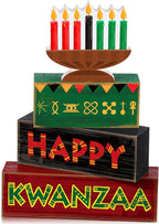 Yuntau 4 Pcs Happy Kwanzaa Table Decorations Kwanzaa Tiered Tray Decor Rustic African Candlestick Wood Block Tabletop Sign Gift Centerpiece Farmhouse Table Decor for Home Office Party Supplies