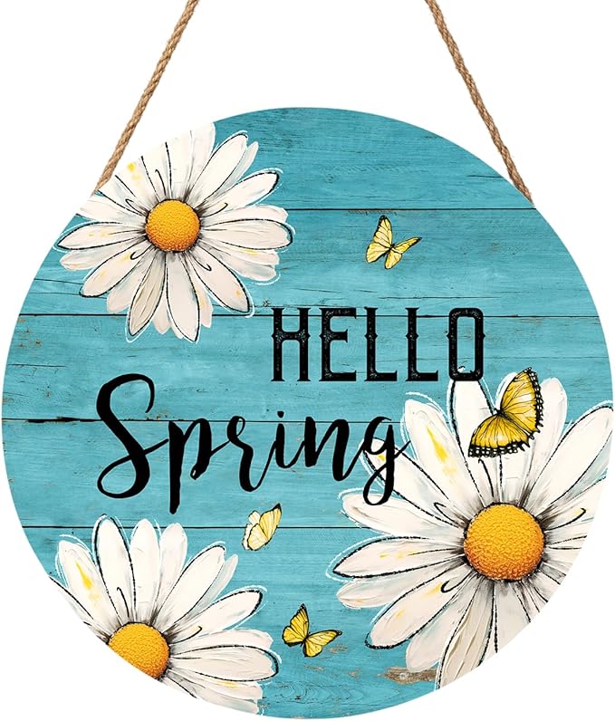 Spring Summer Daisy Flower Sign for Front Door Hello Spring Wall Hanging Sign 12"x12" Welcome Butterfly Wood Door Hanger Farmhouse Rustic Blue Floral Wreath Sign for Home Outdoor Outside Porch Decor