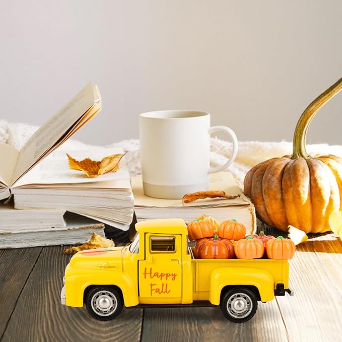 Fall Pumpkin Truck Decor Vintage Metal Truck with Pumpkins Ornament Cute Autumn Harvest Farmhouse Tabletop Tiered Tray Decoration for Thanksgiving Party Home Kitchen Office Tiered Tray Supplies