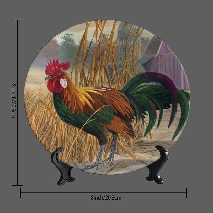 Rooster Decorative Plate Holder, 8 Inch, Chicken in Rice Field Round Display Plate, Hanging Decorative Plate with Display Stand, for Wall Hanging Living Room Bathroom Decor Gift